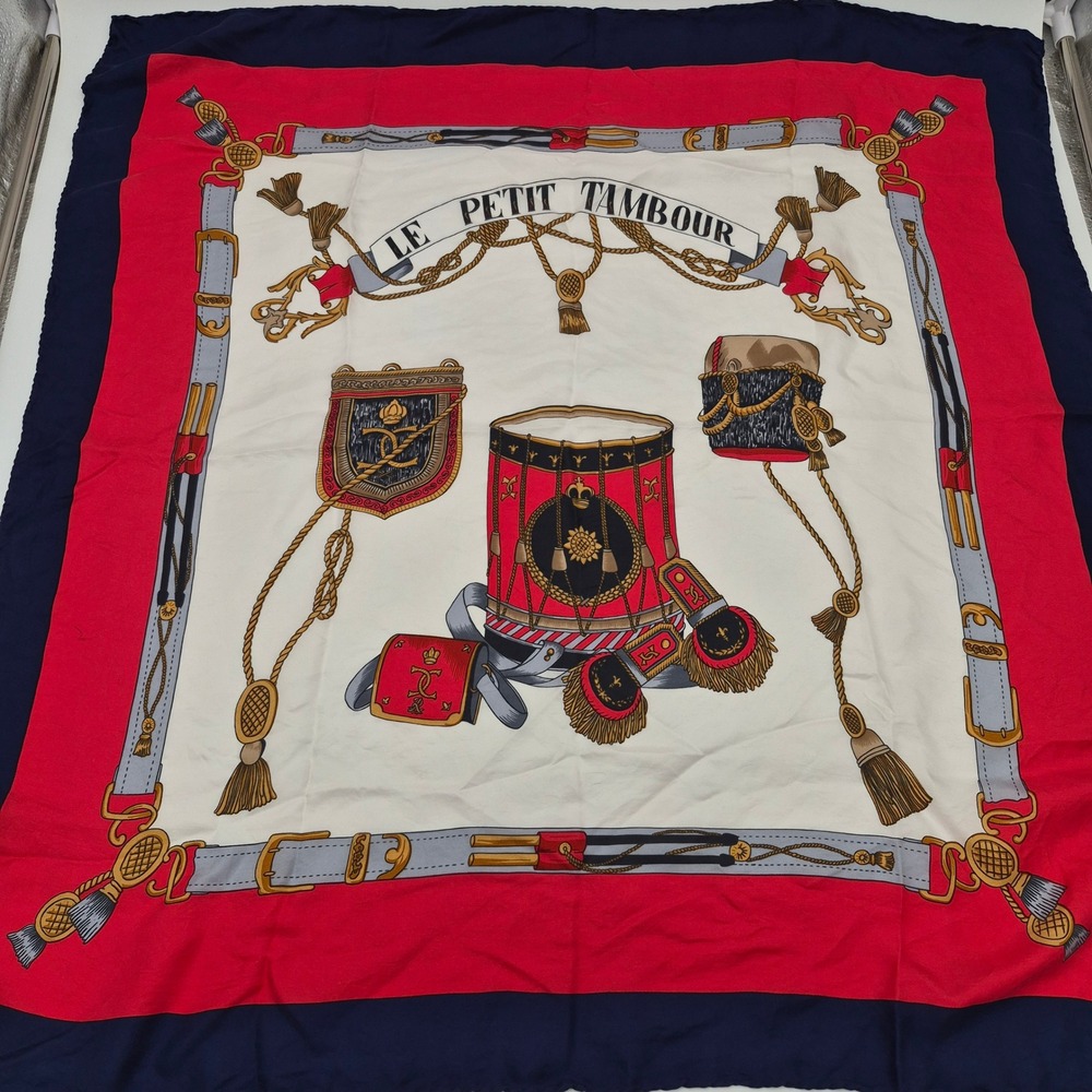 Le Petit Tambour Silk Scarf Red Navy Blue Gold Square